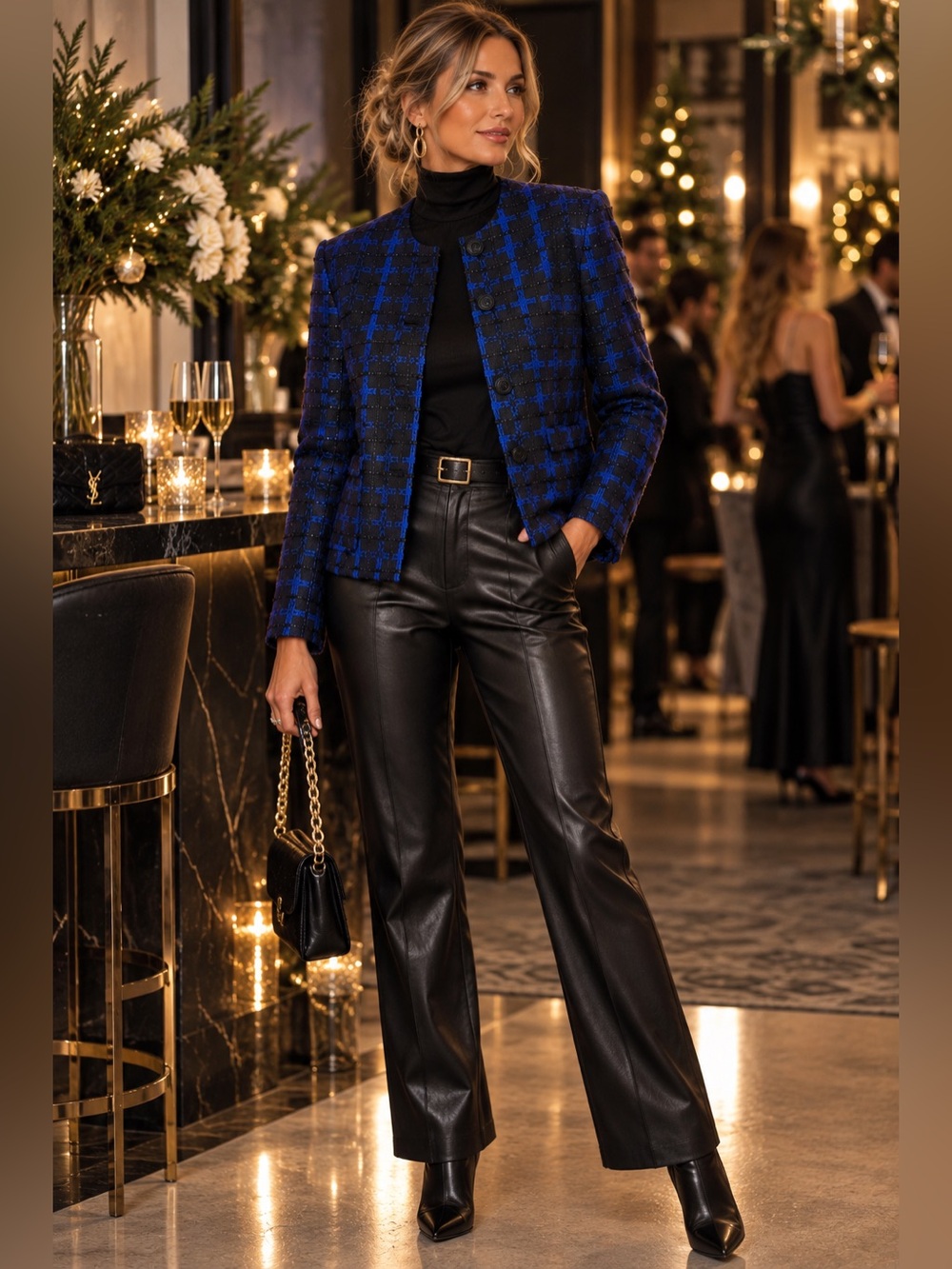 Elegant Blue & Black Tweed Collarless Blazer Jacket